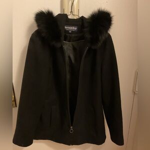 Herman Kay women black wool fox fur mid thigh coat size large LG